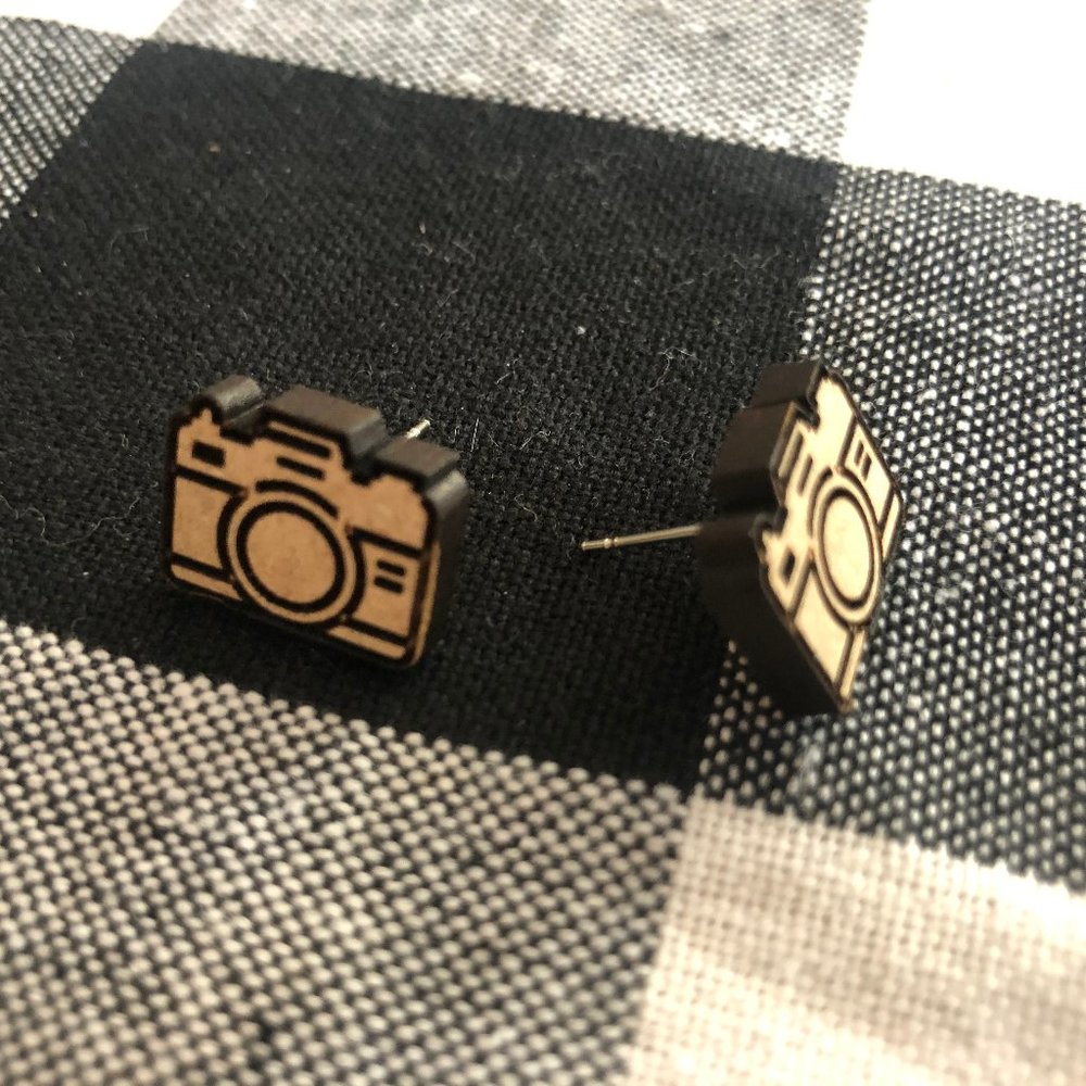 Wooden Camera Earring Studs